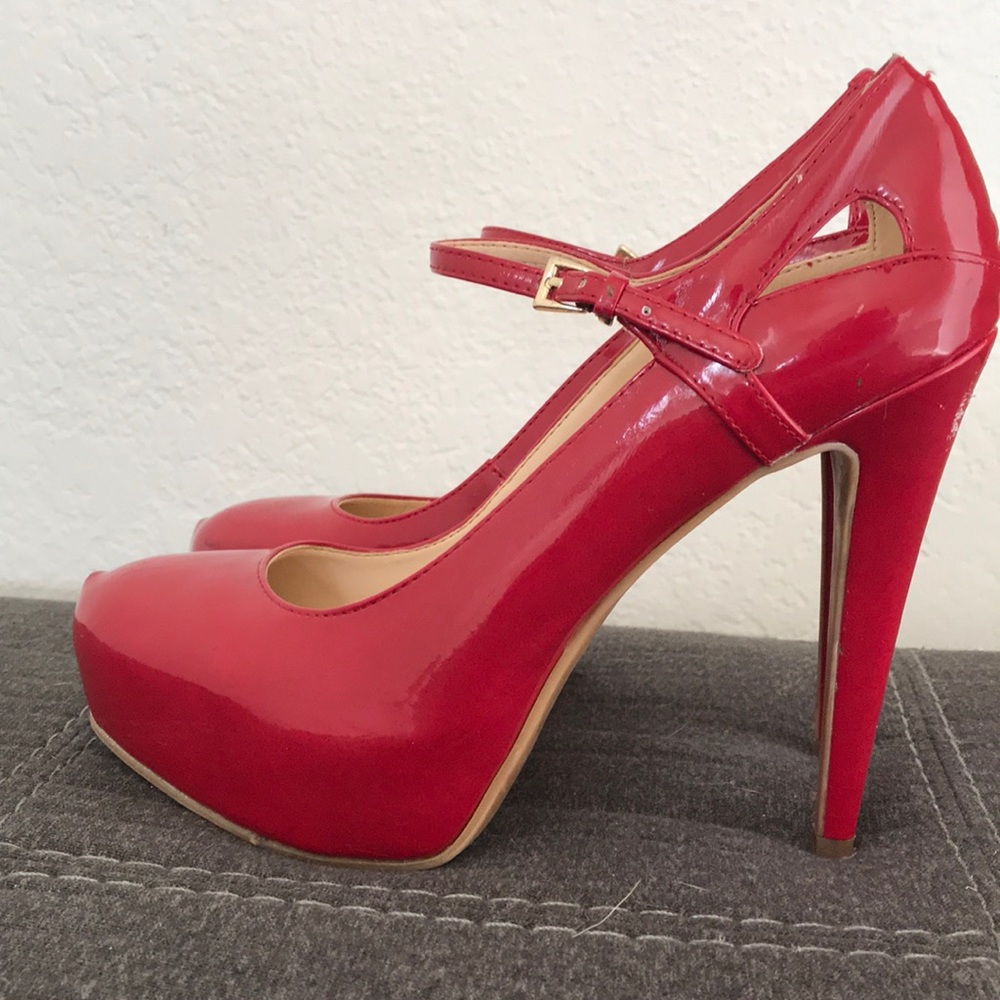 Nine West red patent leather hidden platform pumps